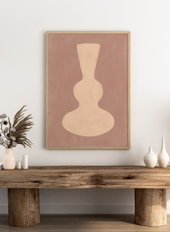 Shop Earthy Abstract Vase by Elena Ristova, a modern minimalist wall art print poster featuring a sculptural cream vase on a warm dusty brown background.