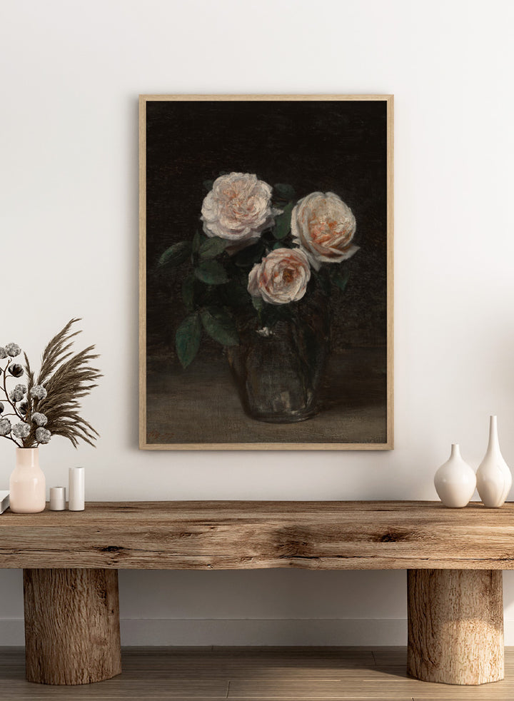 Shop Still Life with Roses by Henri Fantin-Latour, a vintage floral wall art print poster featuring pale roses against a rich brown background.