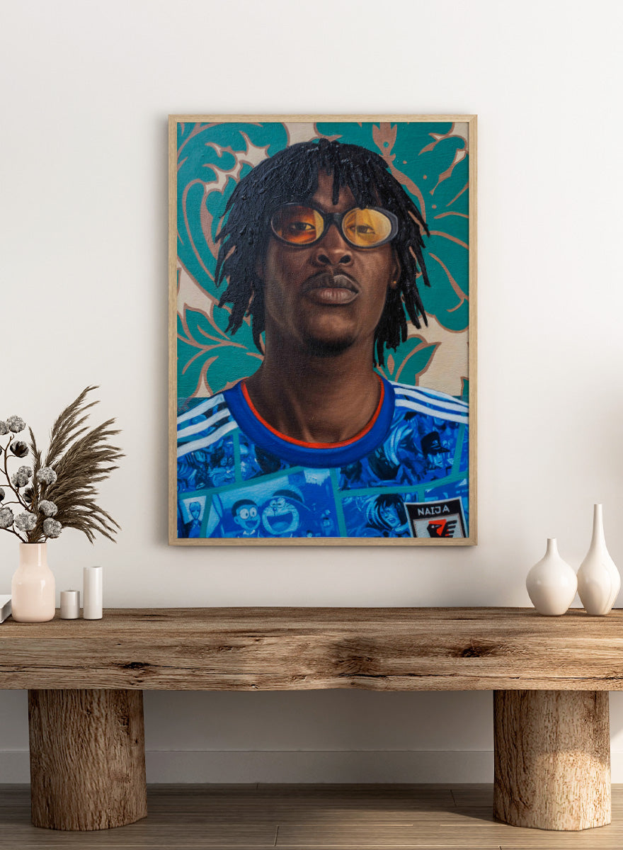 A portrait painting of a Black man with dreadlocks and round glasses, wearing a blue patterned shirt with white stripes and a red collar, set against a teal and beige floral background. Shop Stylish Man in Anime Jersey by Damilare Jamiu, a contemporary portrait art print blending anime fashion, bold blue color, amber glasses, and ornate pattern.