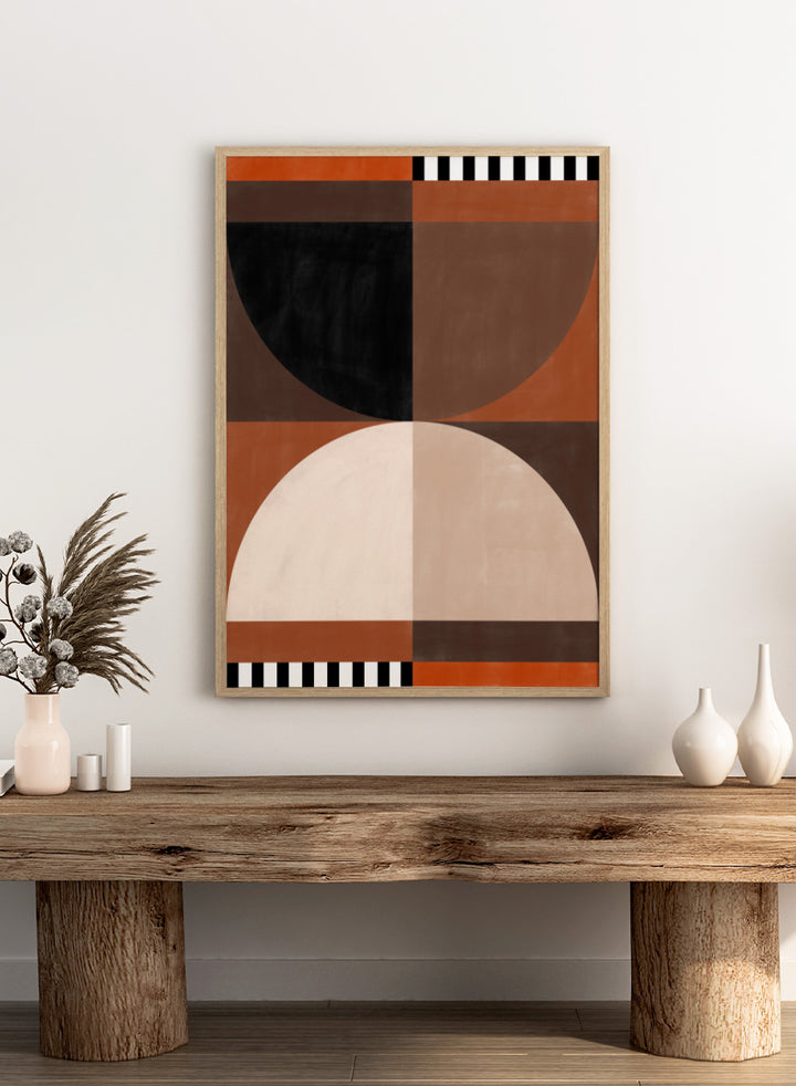 Shop Geometric Earth Tones 02 by Elena Ristova, a modern abstract wall art print poster featuring bold circles, striped accents, and warm rust tones.