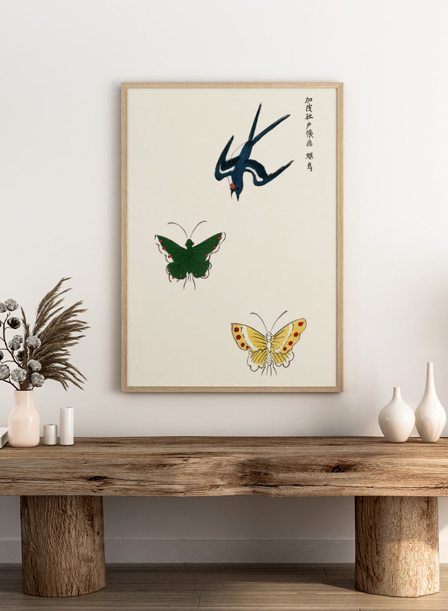 Swallow and Butterflies by Taguchi Tomoki from Yatsuo no Tsubaki is a vintage Japanese woodblock art print featuring a blue swallow and colorful butterflies on warm ivory.