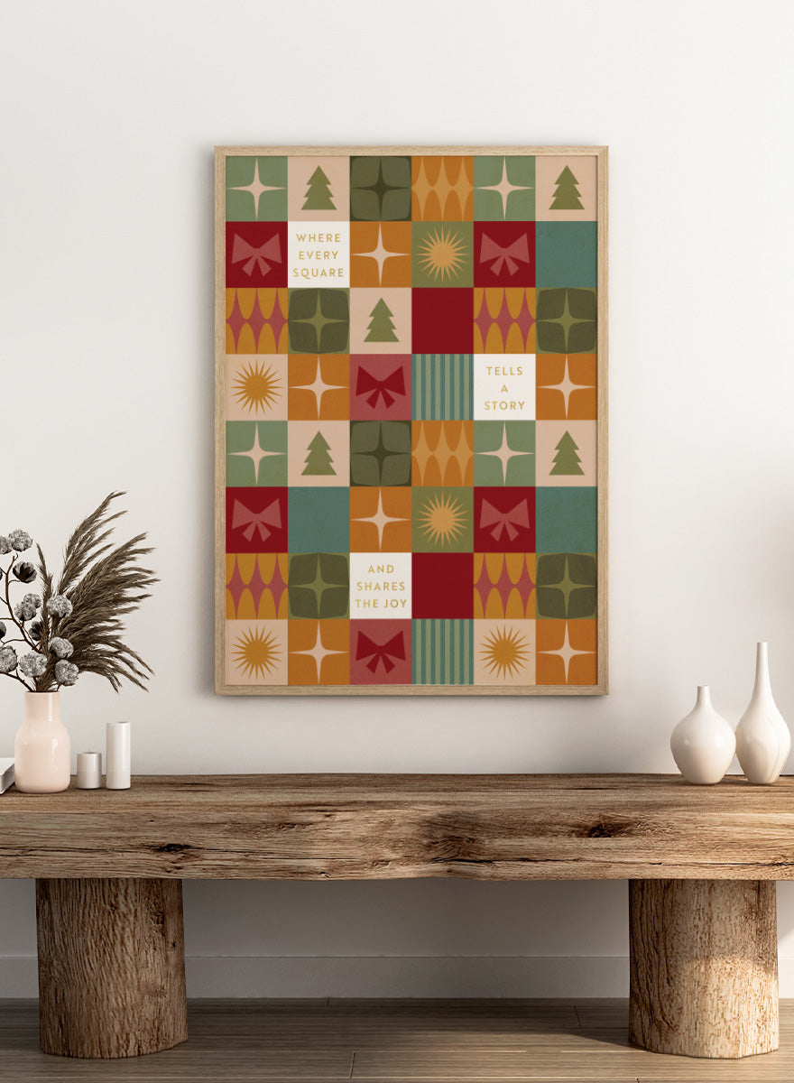 Shop Retro Christmas Squares by Dominique Vari, a festive wall art print poster featuring retro trees, bows, stars, geometric shapes, and vintage holiday colors.