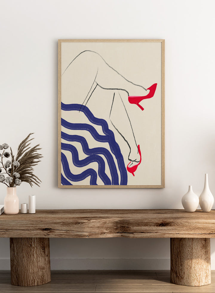 Crimson Heels Dance art print by Little Dean. Contemporary abstract figure wall art featuring bold red heels, fluid movement, minimalist illustration, and modern poster design.