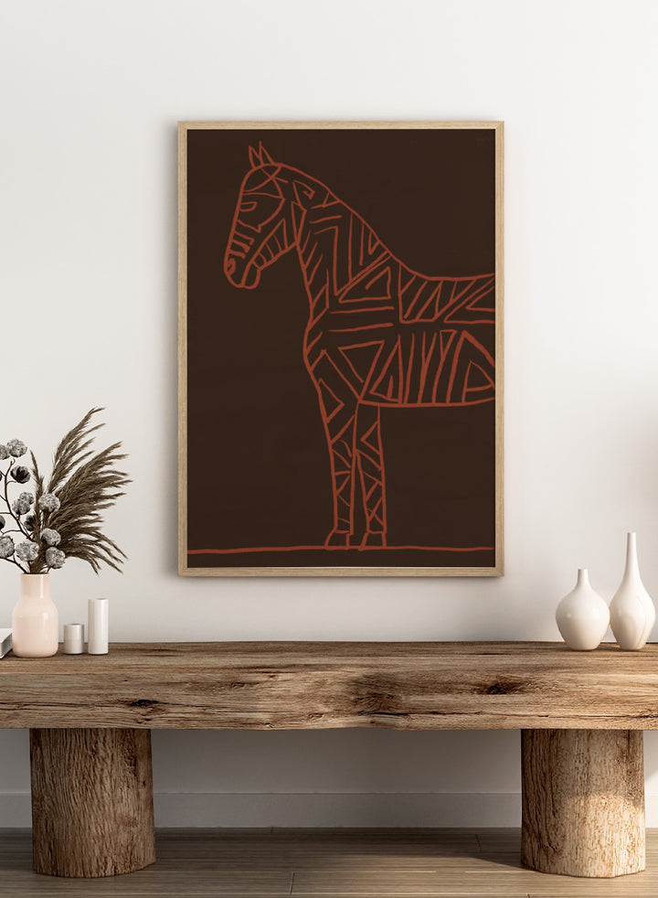 A minimalist art print featuring a stylized horse silhouette outlined in terracotta red on a dark brown background. Horse Line Art by The Art Concept animal art print featuring a stylized horse, geometric linework, warm rust tones, and a deep brown background.