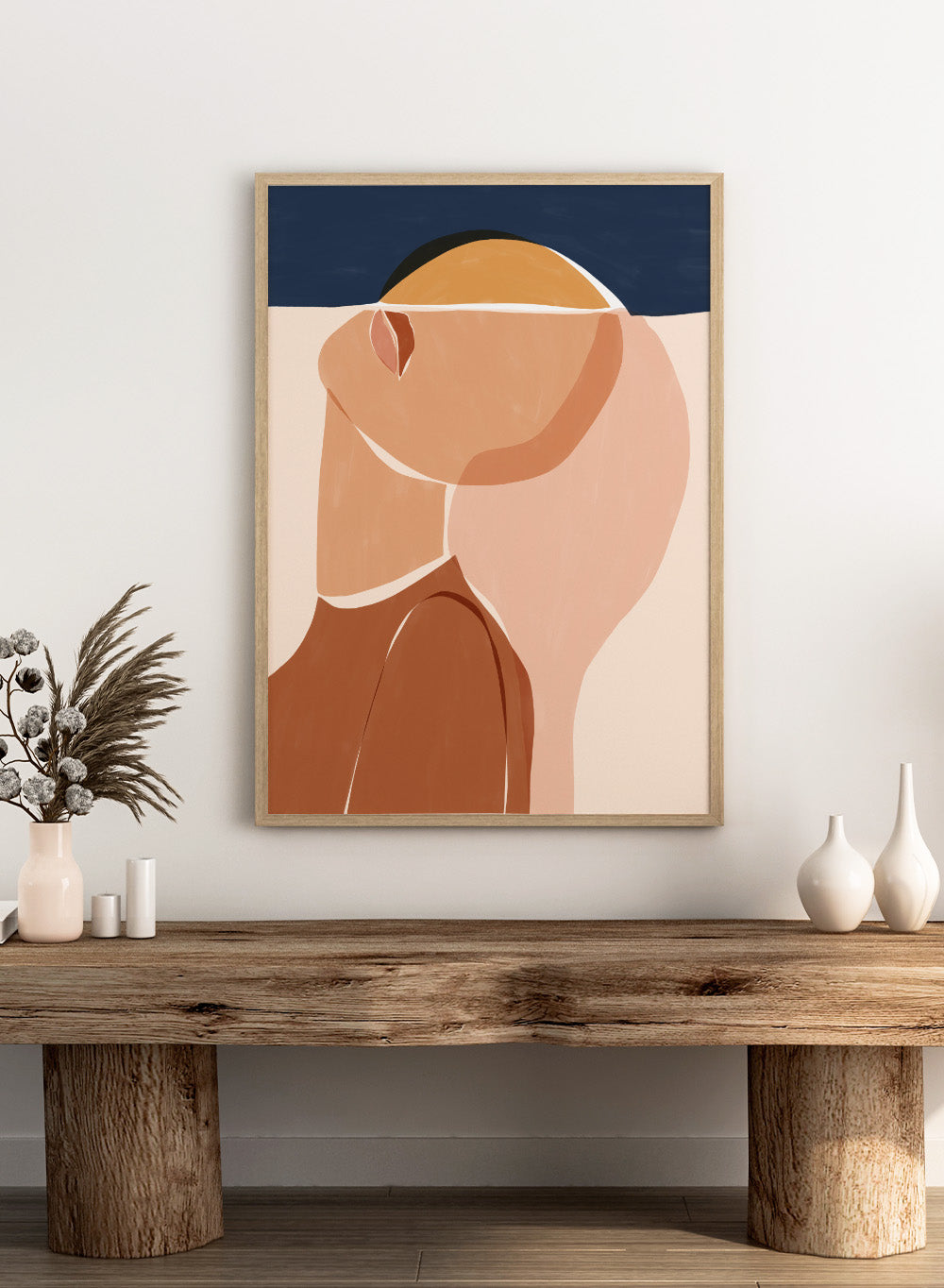 Half Face Half Sun by Ivy Green is a modern figurative art print featuring a minimal female portrait and sun motif. Premium fine art print with optional wood framing.