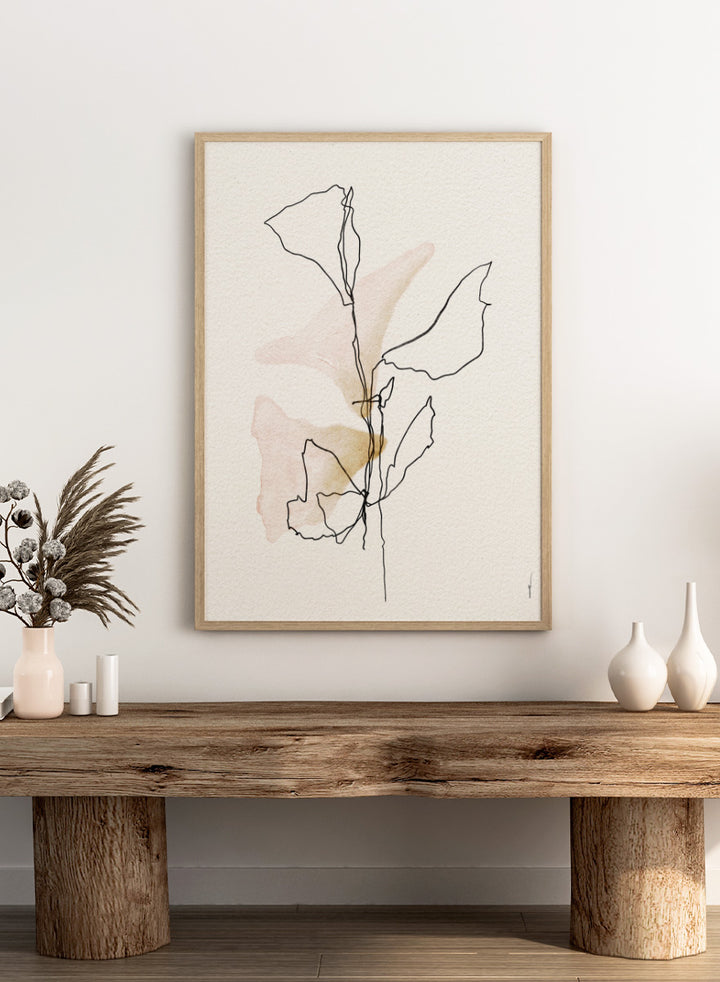 Shop Soft Blush Botanicals by Ankie Kooi, a modern botanical wall art print poster with minimalist line art, abstract leaves, blush pink, and soft ochre tones.