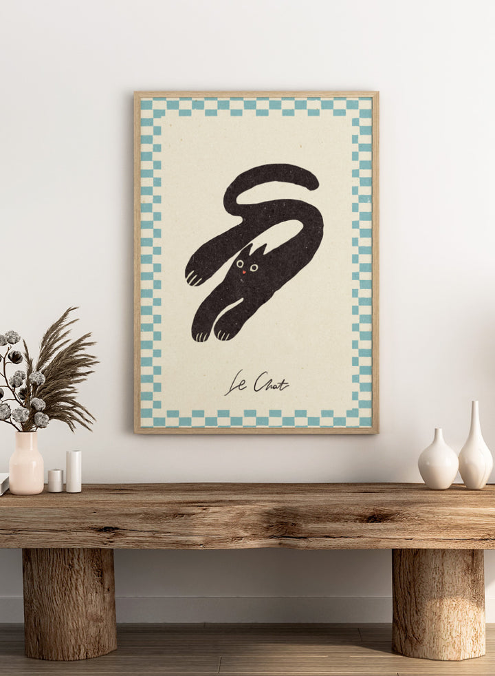 Shop Le Chat No.03 by NKTN, a playful black cat wall art print poster featuring a stretched cat, checkerboard border, and quirky vintage-inspired graphic style.