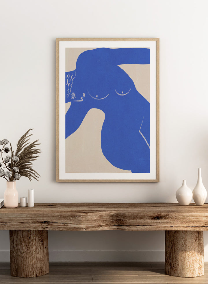 Bold Blue Silhouette art print by Little Dean. Contemporary abstract wall art featuring expressive blue shapes, minimalist portrait design, and modern illustration style.