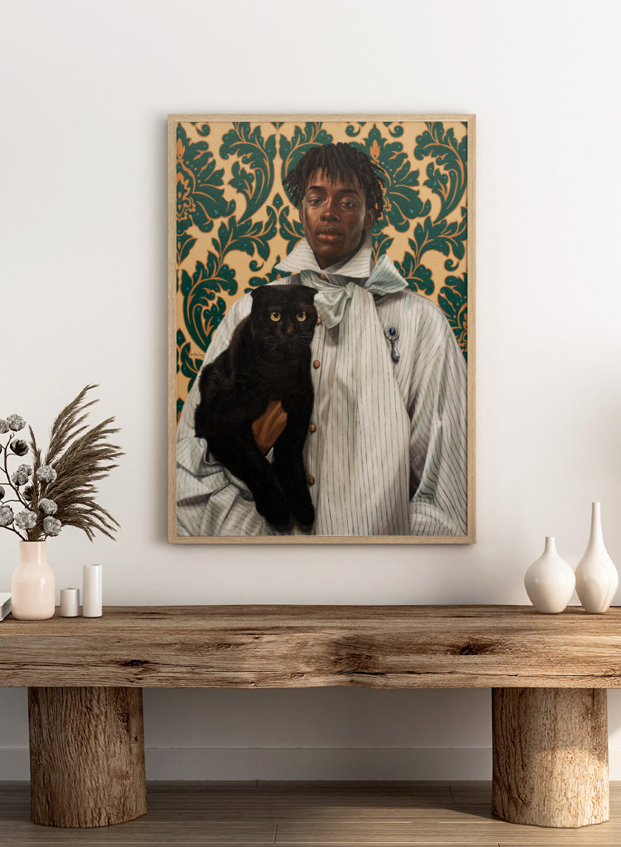 A portrait-style artwork showing a person in a pale striped shirt with a bow tie holding a black cat, set against ornate green damask wallpaper. Shop Elegant Portrait Black Cat by Damilare Jamiu, a contemporary figurative wall art print featuring a stylish portrait, black cat, and rich teal and gold pattern.