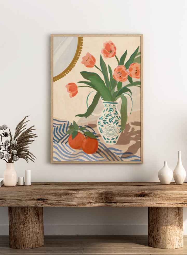 Fresh Tulips and Oranges by Katarzyna Gąsiorowska botanical still life art print with coral flowers, citrus fruit, and a patterned ceramic vase.