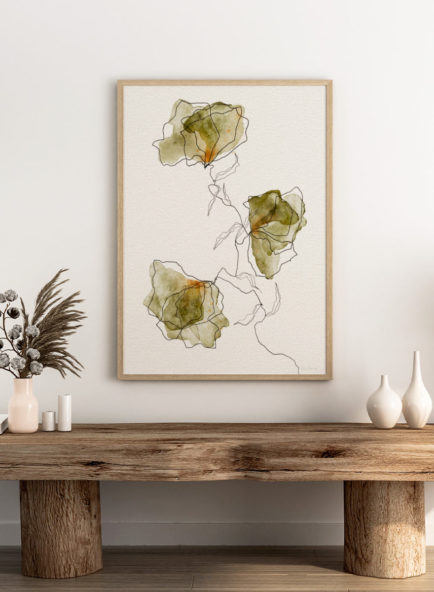 Abstract floral watercolor art print featuring three overlapping flower shapes in muted olive green, beige, and soft orange tones, outlined with fine black lines on a textured off-white background. Shop Green Watercolor Flowers by Ankie Kooi, an abstract floral wall art print poster with watercolor botanicals, minimalist line art, and green tones.