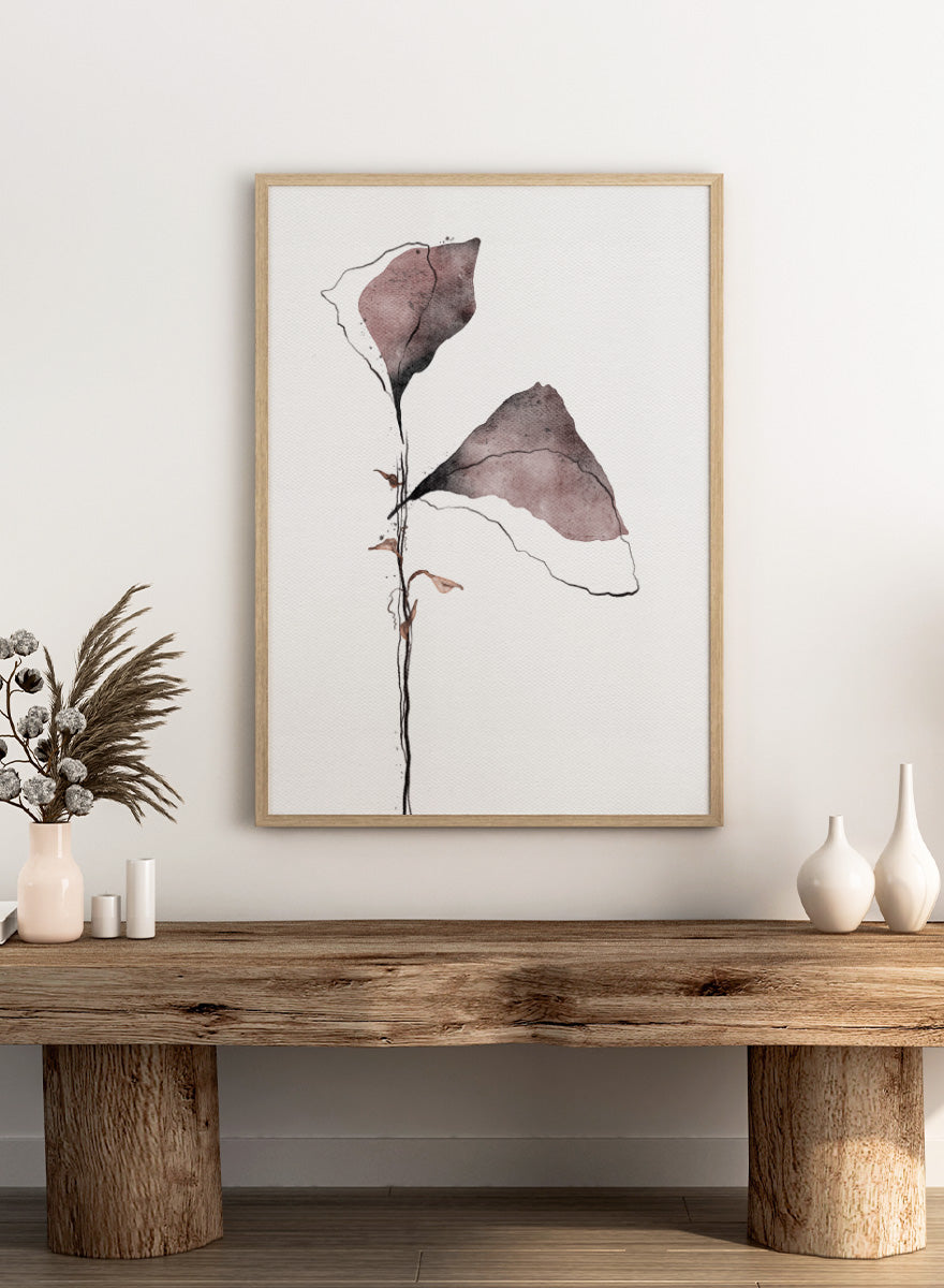 Abstract watercolor floral art print featuring two muted mauve-brown flower shapes on a thin black stem against a white textured background. Shop Muted Botanical Abstraction by Ankie Kooi, an abstract botanical wall art print poster with watercolor leaves, minimalist line art, purple, brown, and cream.