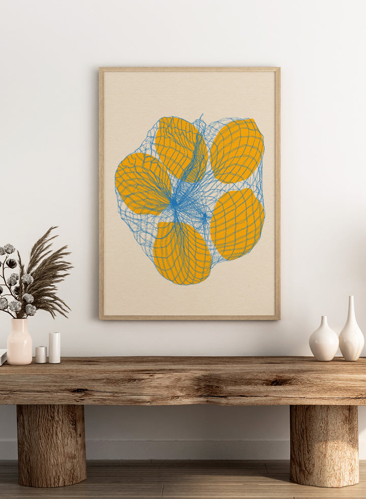 Geometric design with orange shapes and blue lines on a beige background. Five Lemons In a Net Bag by Rosi Feist is a modern minimalist fruit art print with Bauhaus design, officially licensed fine art poster.