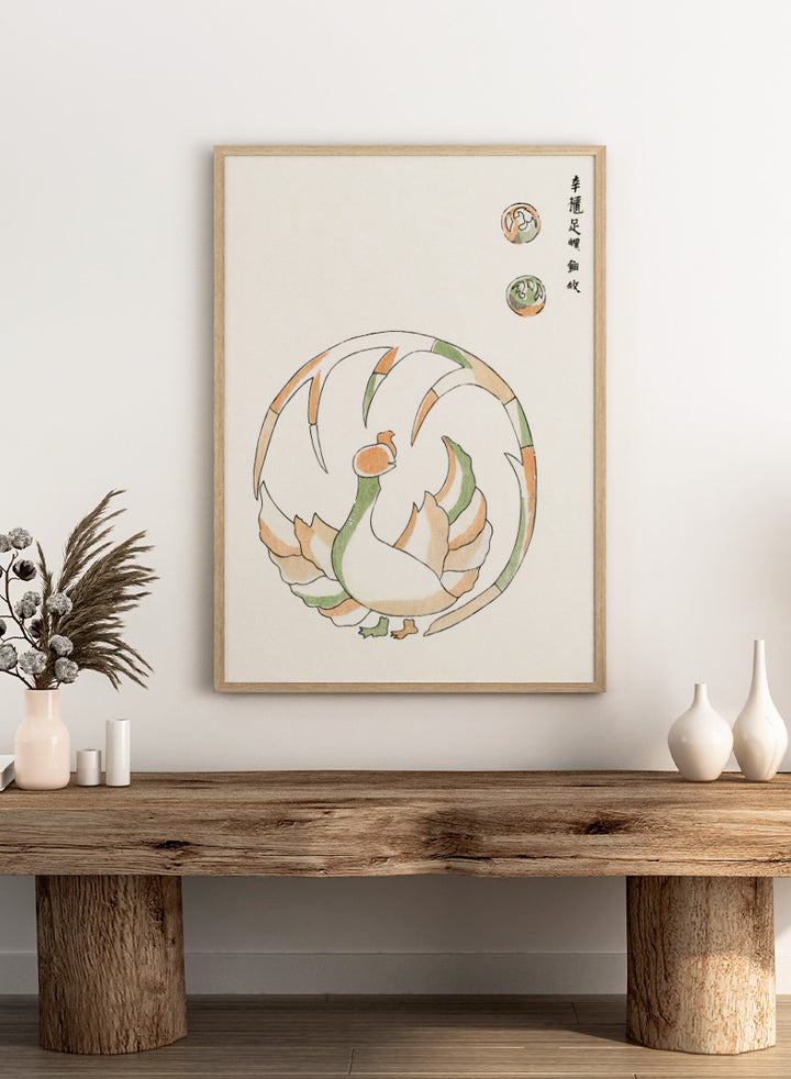 Rooster II Yatsuo no Tsubaki by Taguchi Tomoki is a vintage Japanese woodblock art print featuring a stylized rooster in green, peach, and orange with original script.