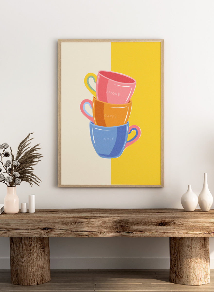 Shop Amore Caffè Sole Cups by Dominique Vari, a colorful kitchen wall art print poster featuring stacked coffee cups, Italian words, and retro café style.
