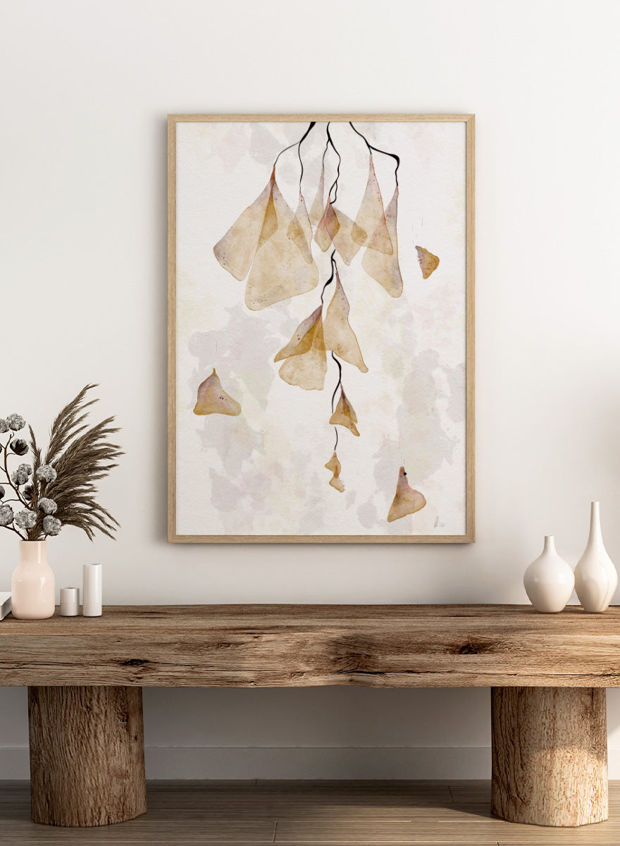 Watercolor art print featuring delicate, translucent beige and tan leaf-like shapes hanging from thin dark stems on a soft off-white background. Shop Translucent Organic Flow by Ankie Kooi, an abstract botanical wall art print poster with hanging watercolor florals, organic line art, and cream tones.