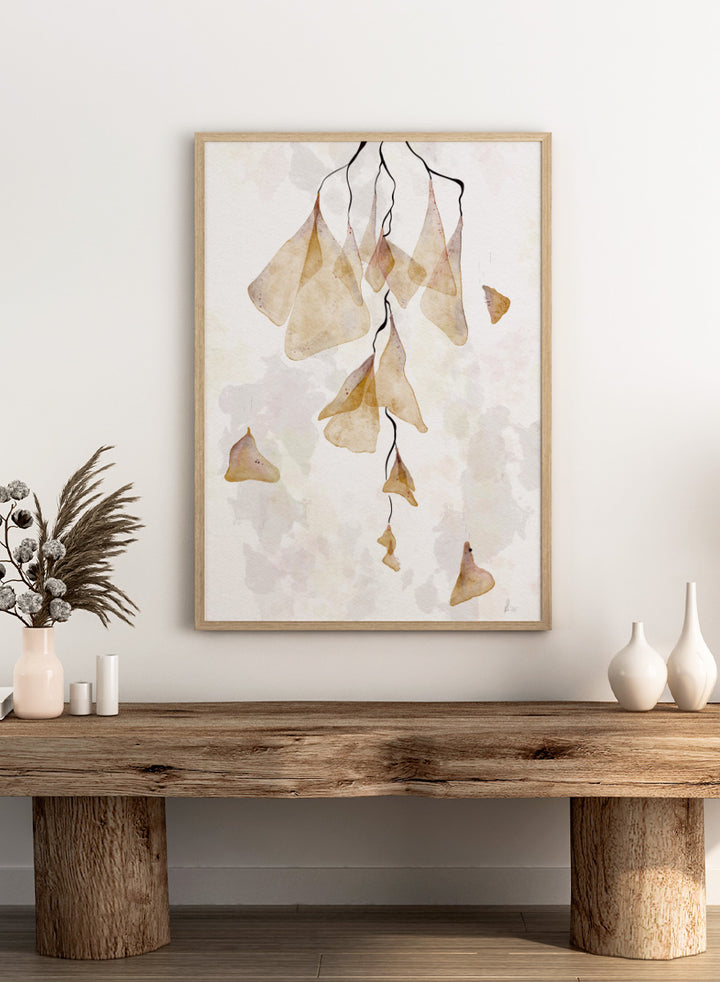 Watercolor art print featuring delicate, translucent beige and tan leaf-like shapes hanging from thin dark stems on a soft off-white background. Shop Translucent Organic Flow by Ankie Kooi, an abstract botanical wall art print poster with hanging watercolor florals, organic line art, and cream tones.