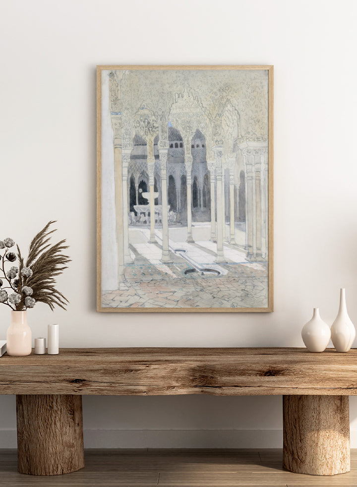 A watercolor and ink painting of a historic courtyard with arches, columns, and a fountain. The Lion Courtyard, the Alhambra, Granada, Spain by Hercules Brabazon Brabazon is a vintage watercolor art print featuring Moorish arches, columns, and the Alhambra courtyard.
