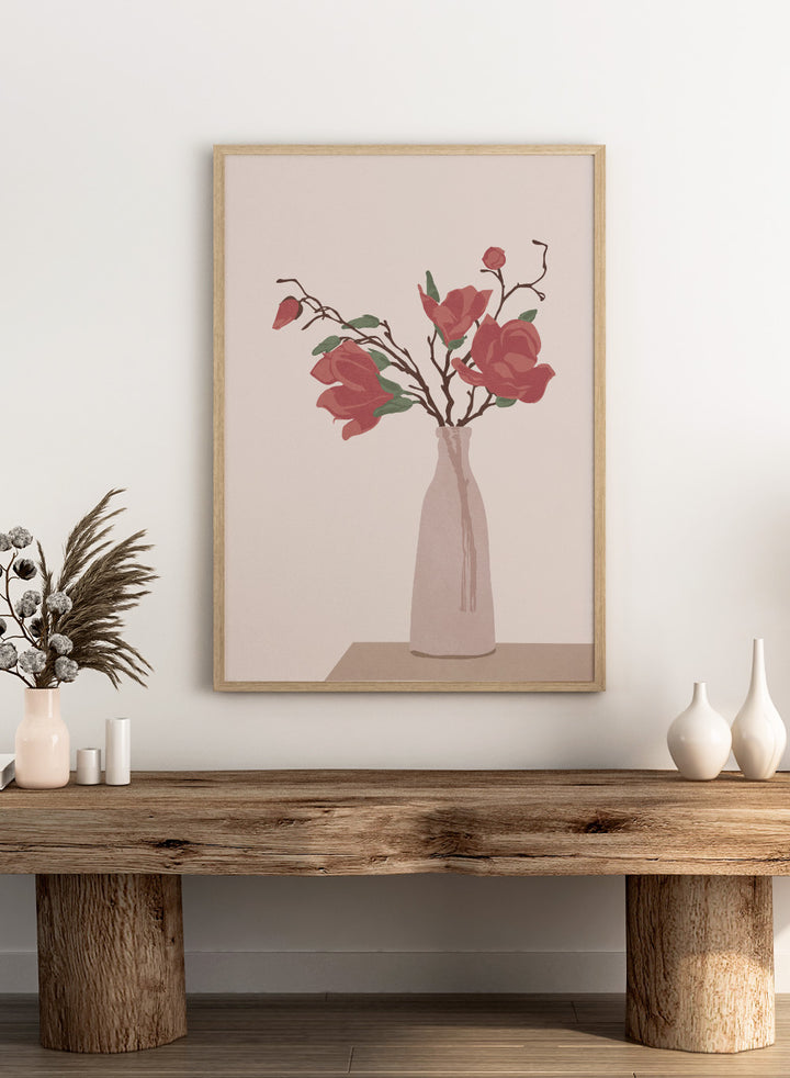 Vase with red flowers on a beige background. Vase by Flow Line is a modern still life art print featuring soft pink flowers in a ceramic vase. A warm, minimal wall poster from the It’s All Love collection.