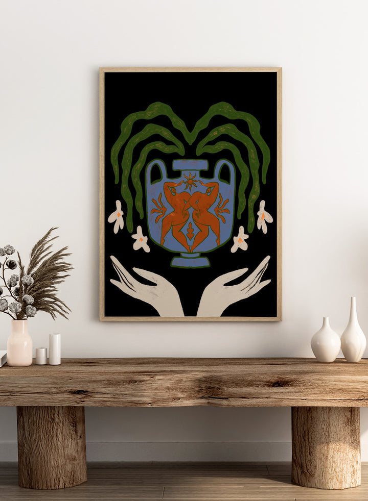 Decorative design with a blue urn, red figure, green leaves, and white flowers on a black background. Vessel Collection: Harmony by Arty Guava art print, modern vase wall poster with botanical illustration, contemporary minimalist line artwork.