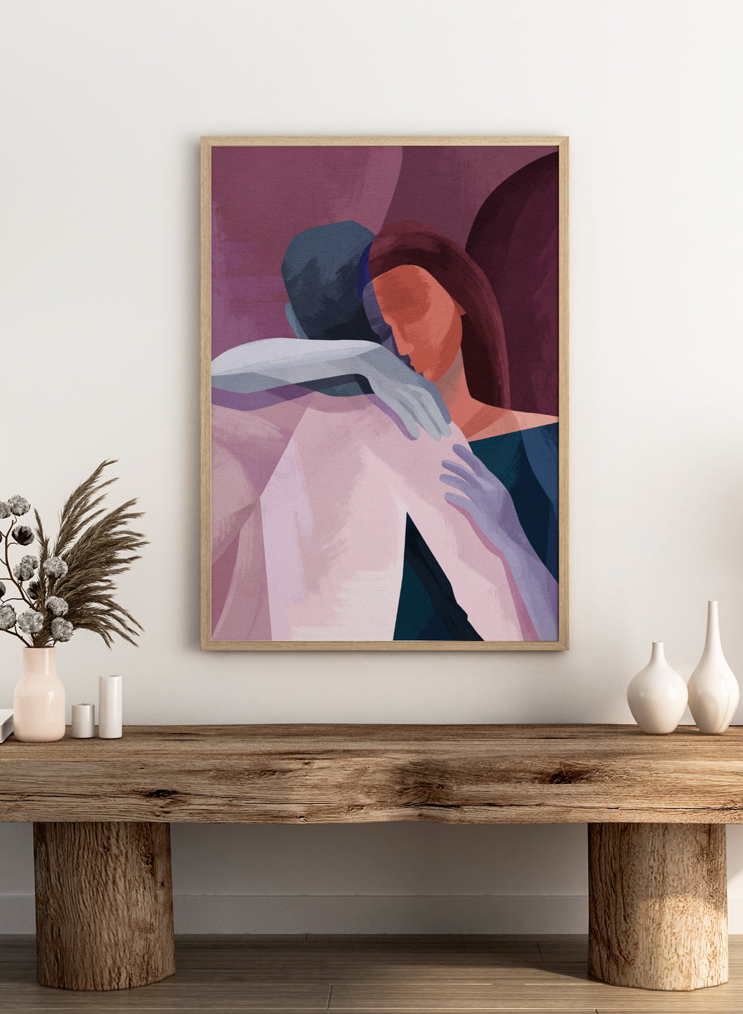 Artistic illustration of two people embracing with abstract background. In This Together by Goed Blauw is a modern abstract figure art print and wall poster featuring two people in an intimate embrace with layered soft colors.