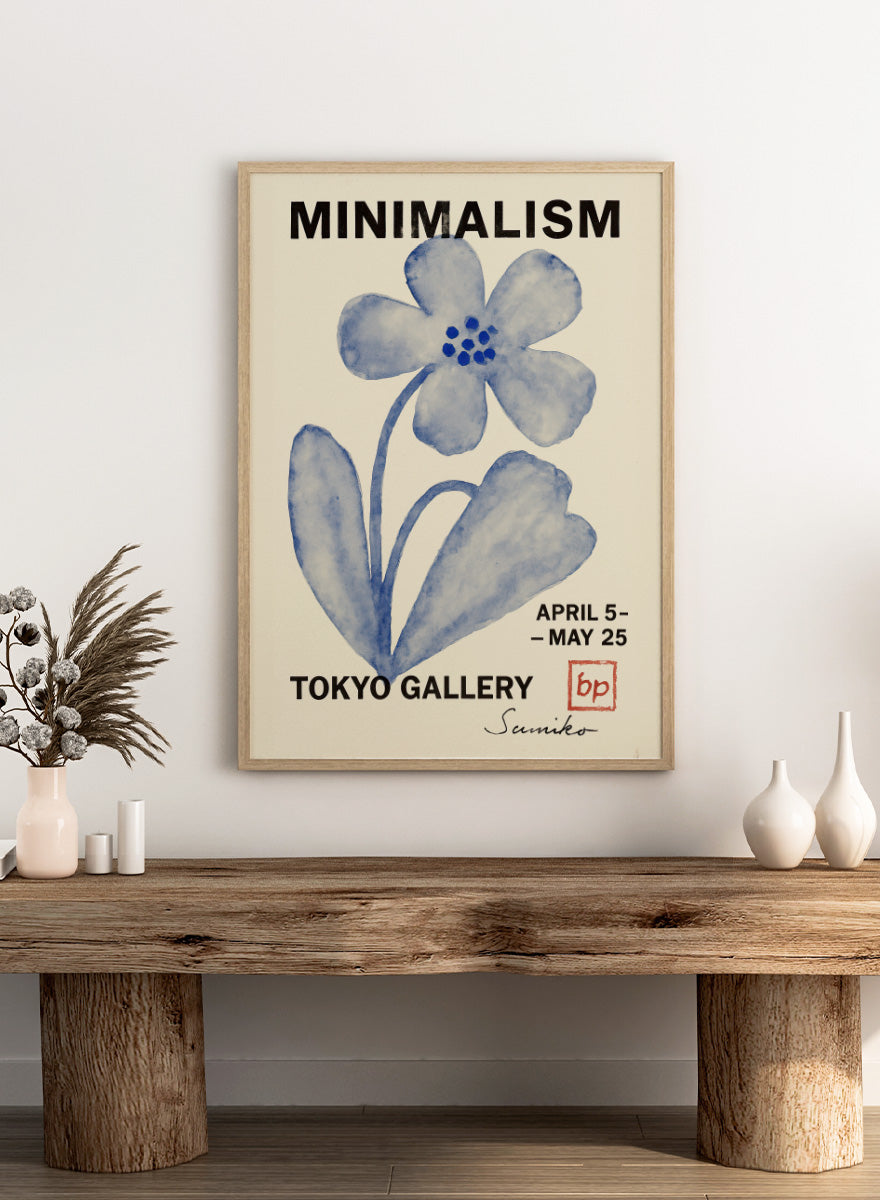 A minimalist art poster featuring a blue watercolor flower illustration on a cream background, with bold black text reading &