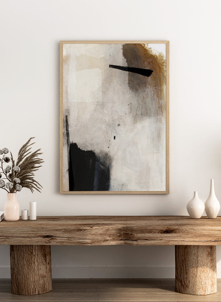 Abstract mixed-media painting with layered off-white, beige, brown, and black brushstrokes. Shop Whole Day by Dan Hobday, a neutral abstract art print with bold black forms, soft earthy tones, layered brushwork, and a modern minimalist feel.
