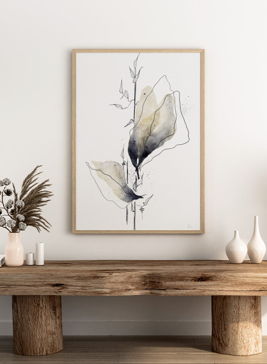 Minimalist watercolor and ink botanical art print featuring abstract leaves and stems on a white background. Shop Watercolor Botanical Elegance by Ankie Kooi, a botanical wall art print poster with abstract watercolor leaves, minimalist line art, yellow, gray, and cream.
