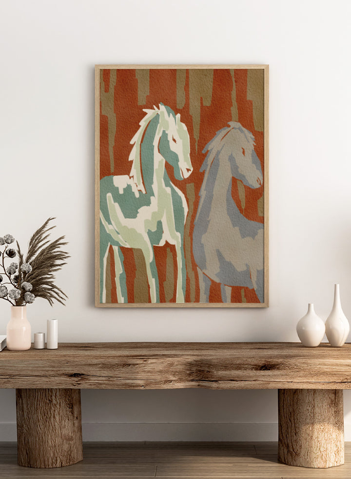 Shop Abstract Forest Horses by Nikita Jariwala, a modern horse wall art print featuring two abstract horses, woodland shapes, and earthy rust, sage, and beige tones.