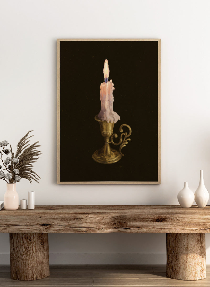Shop Elegant Brass Candle by NKTN, a candle wall art print poster featuring a glowing taper candle in an ornate brass holder against a dark vintage-style background.
