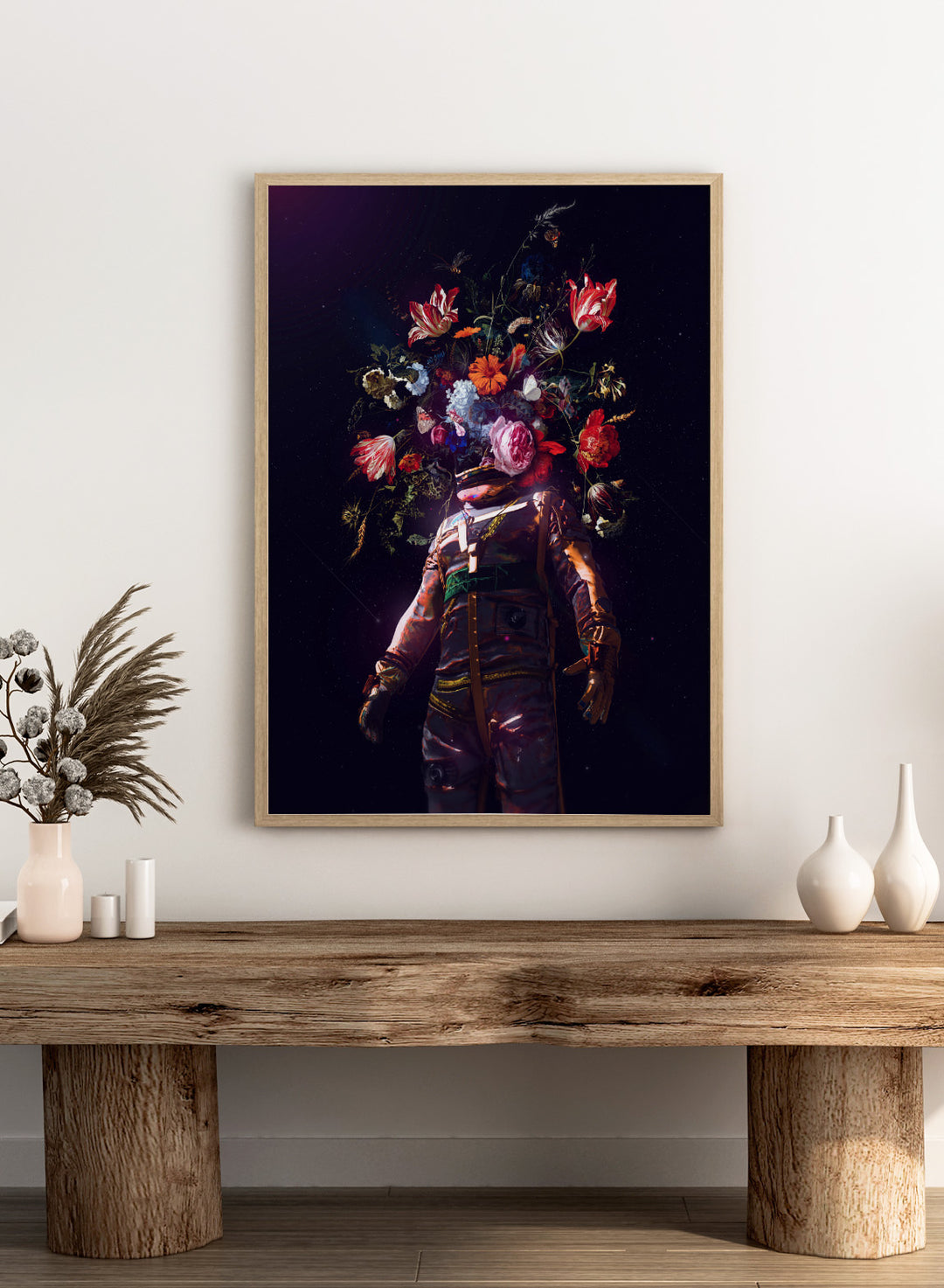 Person wearing a costume with floral headpiece against a dark background. Cosmic Garden Astronaut by Nicebleed is a surreal floral space art print featuring an astronaut with blooming flowers, modern aesthetic wall poster.