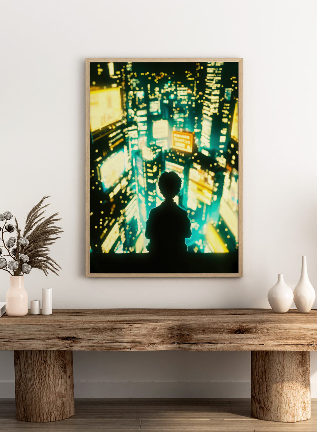 Silhouette of a person against a vibrant cityscape at night. Overlooking Tokyo by Taudalpoi neon cityscape art print with glowing skyscrapers and lone figure, cinematic cyberpunk inspired poster wall art.