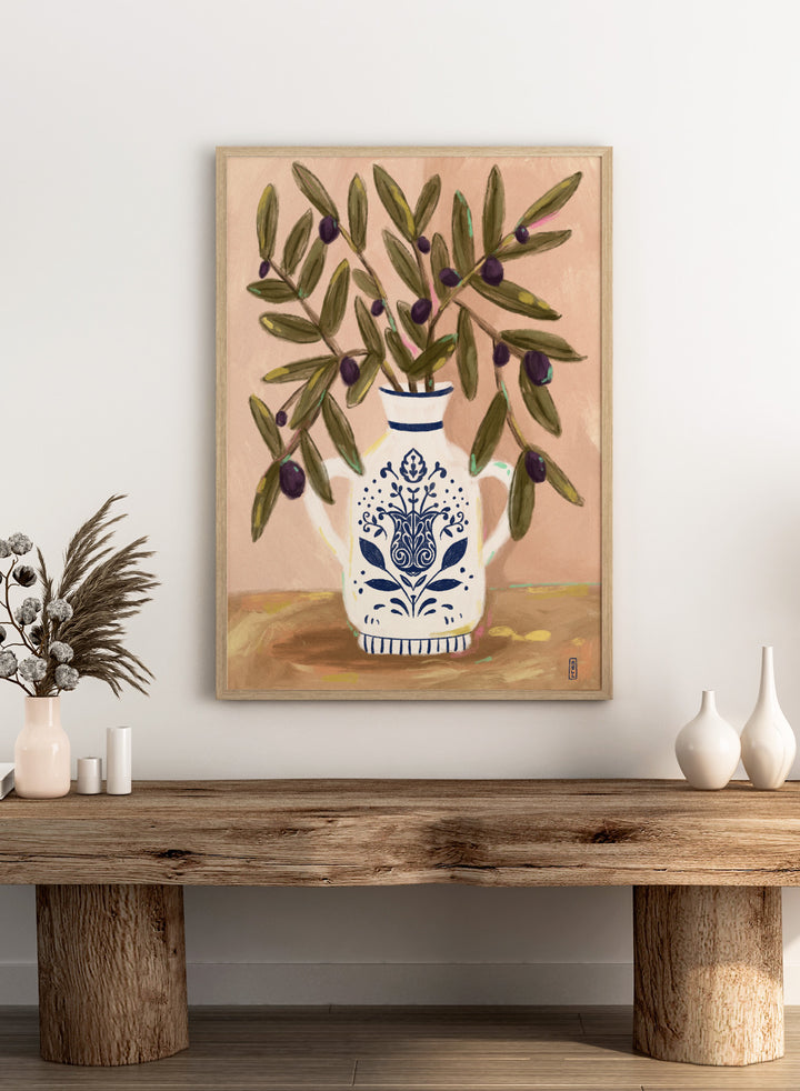 Olive Branches In a Pot by Dirkie Nell is a modern botanical art print featuring olive branches, ceramic vase illustration, and Mediterranean inspired wall art.