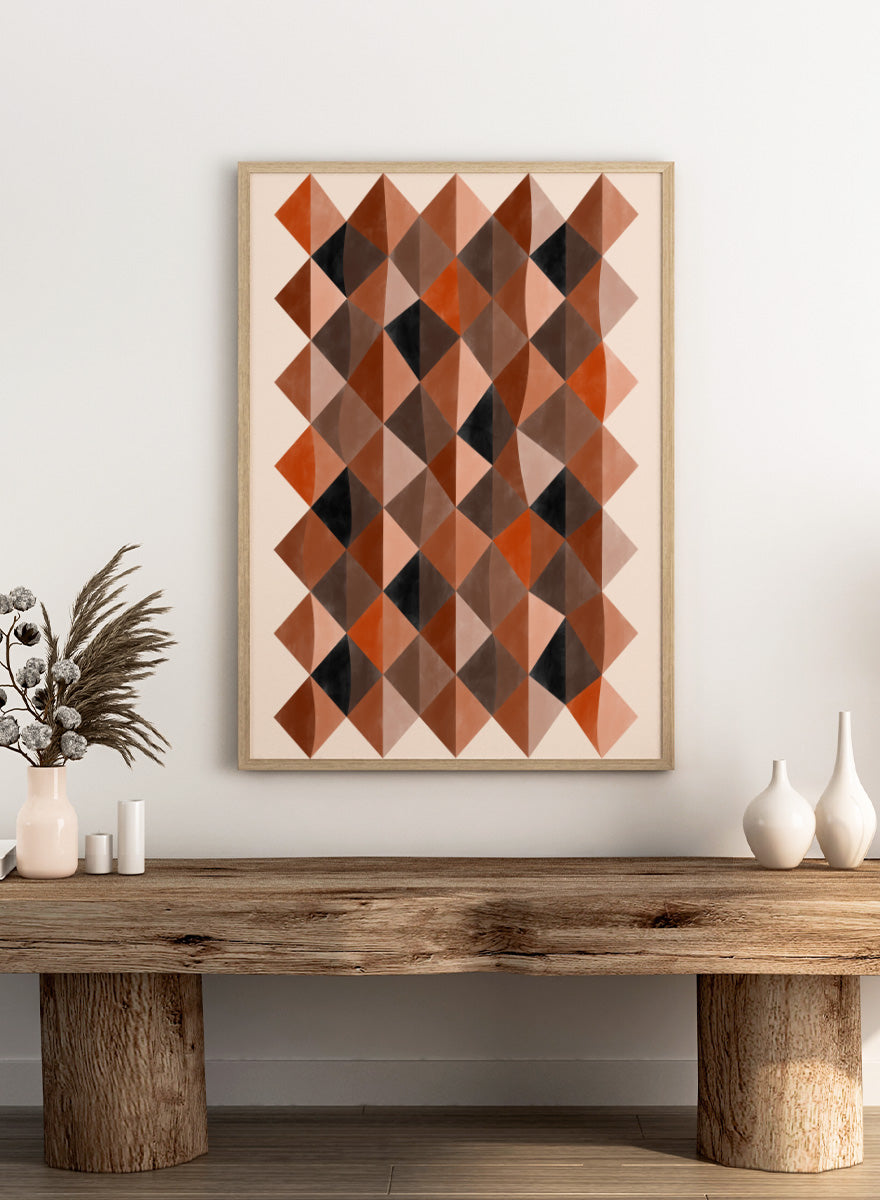 Shop Warm Earthy Geometry by Elena Ristova, a modern abstract wall art print poster featuring layered diamond patterns in rust, brown, cream, pink, and black.