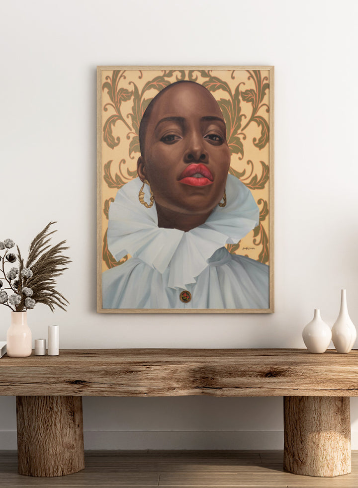 A portrait-style artwork of a person with a shaved head, wearing a large white ruffled collar and gold hoop earrings, set against an ornate beige and olive damask pattern. Shop Regal Woman Ruffled Collar by Damilare Jamiu, a contemporary Black portrait art print with a dramatic white collar, gold earrings, and warm cream tones.