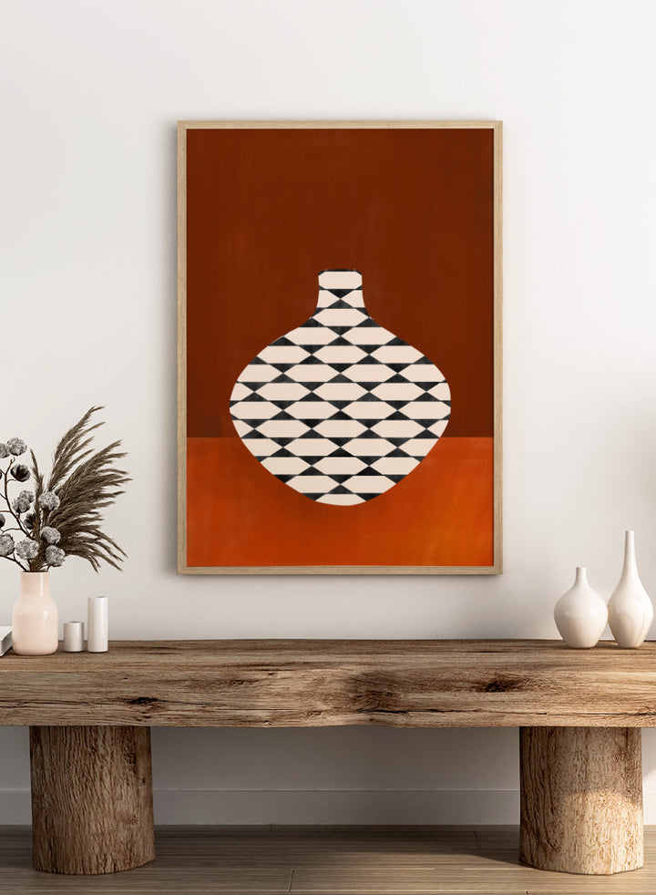 Shop Modern Geometric Vase by Elena Ristova, a modern wall art print poster featuring a black-and-cream patterned vase against a rich rust background.