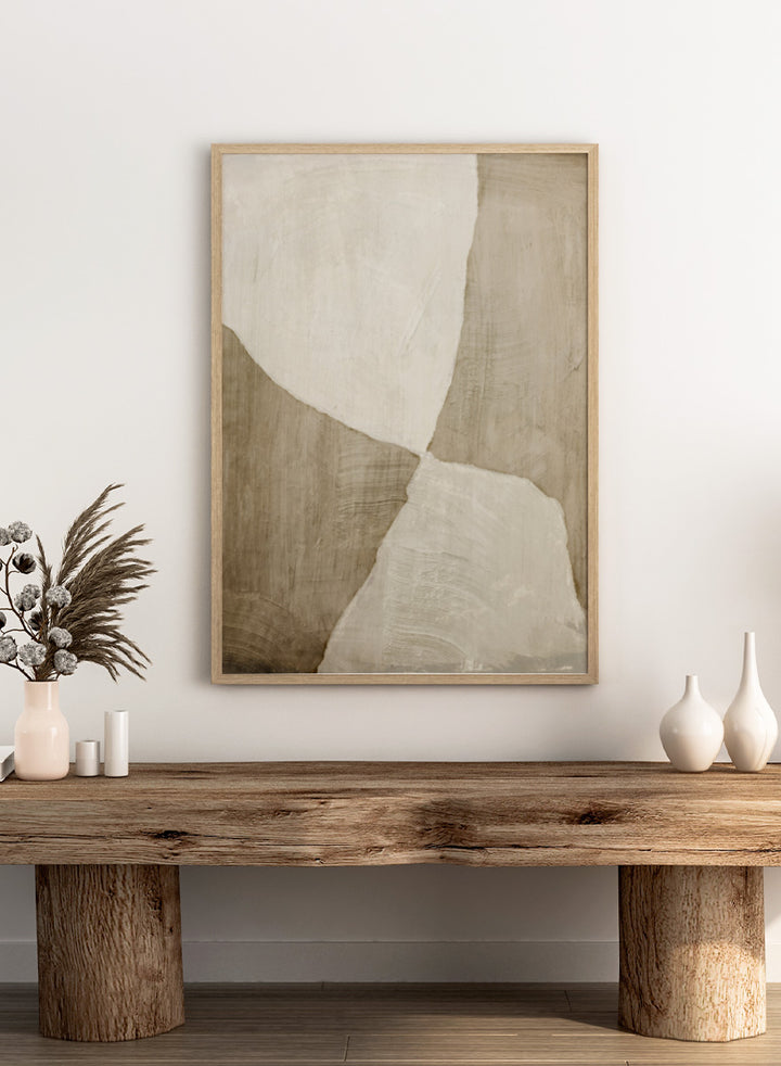 Shop Glide Abstract by Dan Hobday, a neutral abstract art print featuring soft cream and taupe forms, organic curves, and layered textured brushwork.