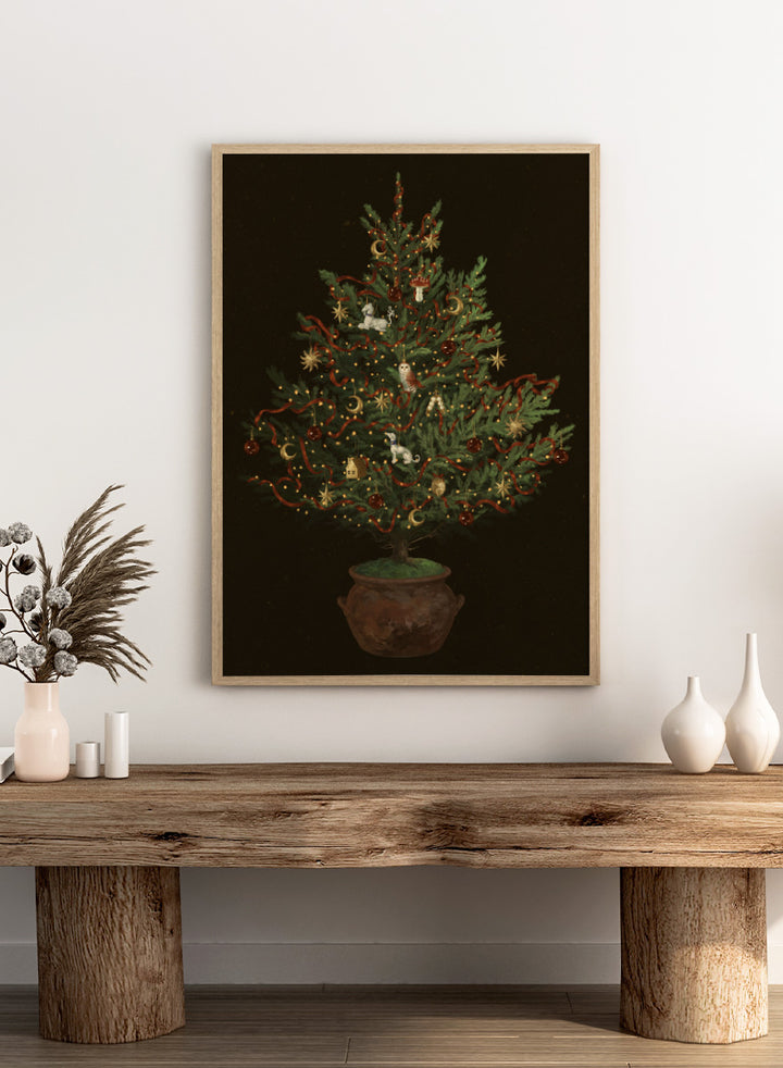 Shop Whimsical Christmas Tree by NKTN, a festive Christmas wall art print poster featuring a decorated tree, woodland ornaments, stars, ribbons, and glowing lights.