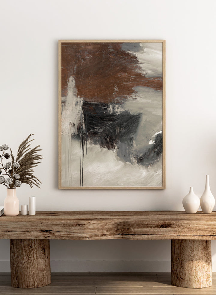 Shop Glow by Dan Hobday, a contemporary abstract art print featuring deep brown, charcoal, cream, and gray with expressive layered brush texture.