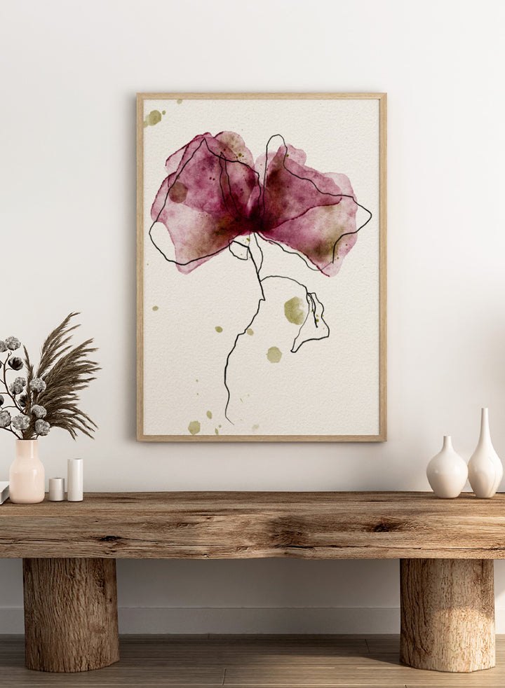 Abstract watercolor floral art print featuring a large flower with translucent mauve, burgundy, and olive-green washes outlined in black on textured off-white paper. Shop Ethereal Floral Outline by Ankie Kooi, a modern floral wall art print poster with abstract flower line art, watercolor botanicals, deep berry, and olive green.