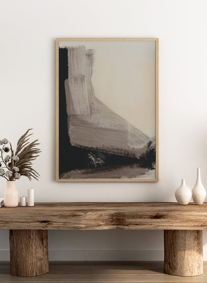 Shop Mellow No. 02 by Dan Hobday, a contemporary abstract art print featuring taupe, cream, and black forms with bold layered brush texture.
