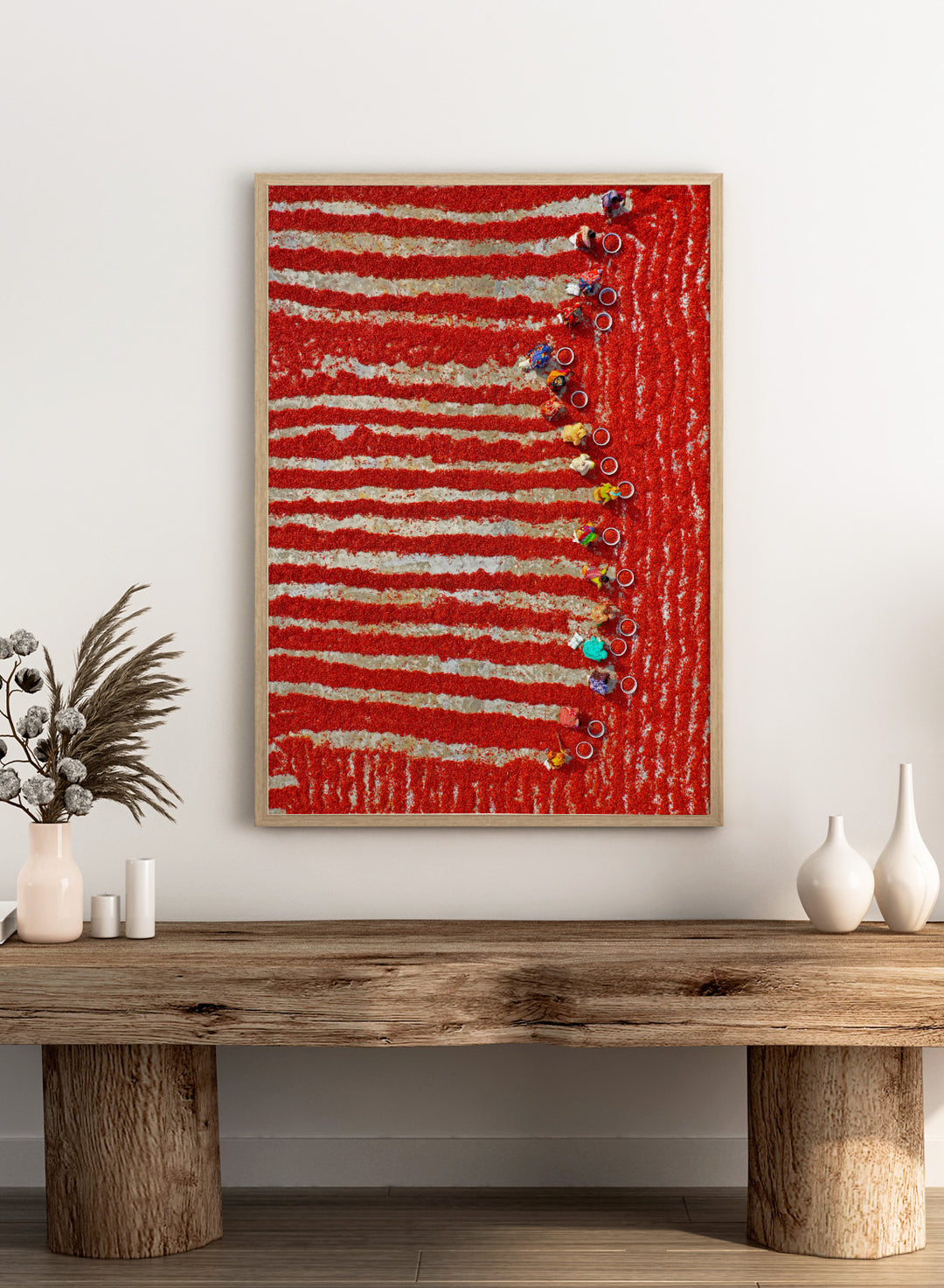 Drying Red Chilies by Azim Khan Ronnie aerial photography print showing chilli fields in Bangladesh with workers, cultural documentary wall art poster