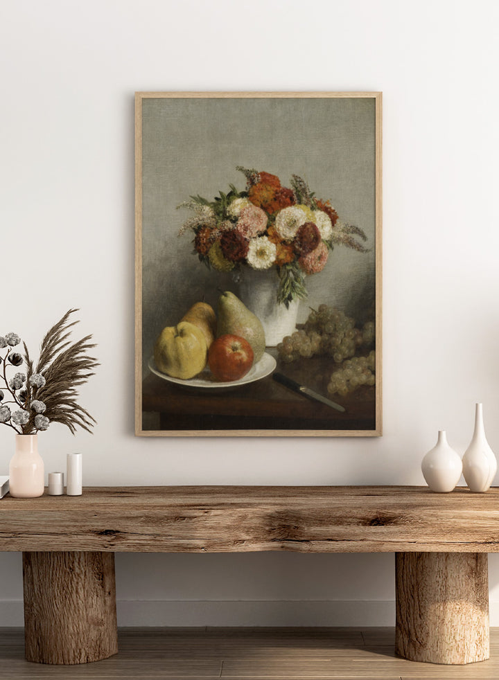 Shop Flowers and Fruit by Henri Fantin-Latour, a vintage still life wall art print poster featuring flowers, pears, apples, and grapes in warm brown tones.
