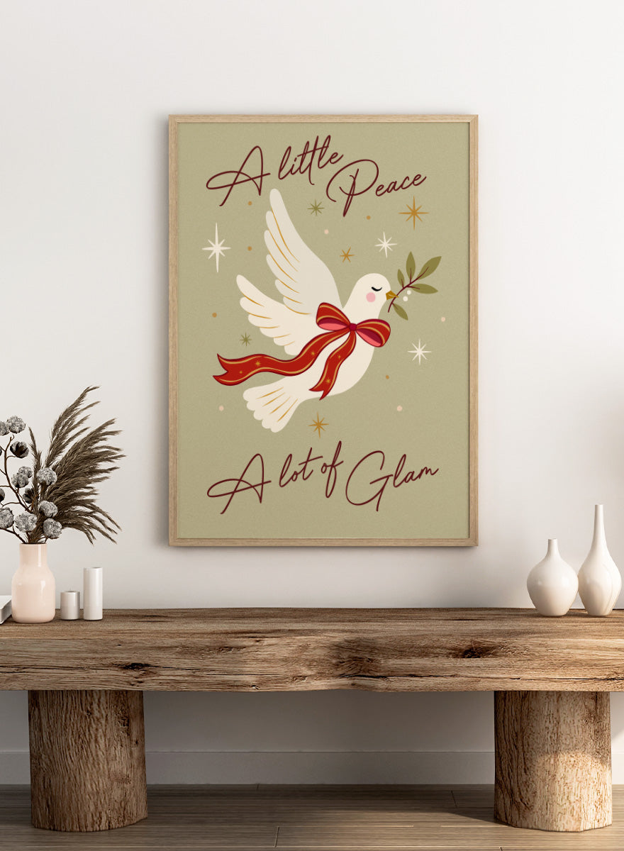 Shop Peace And Glam Dove by Dominique Vari, a festive dove wall art print poster featuring a red bow, olive branch, retro stars, and playful holiday typography.