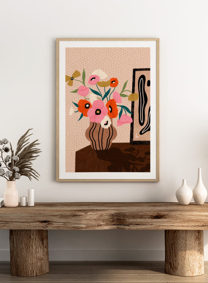Shop Vibrant Poppy Bouquet by Bea Müller, a floral wall art print poster featuring colorful poppies in a striped vase with bold pink tones and modern still life style.
