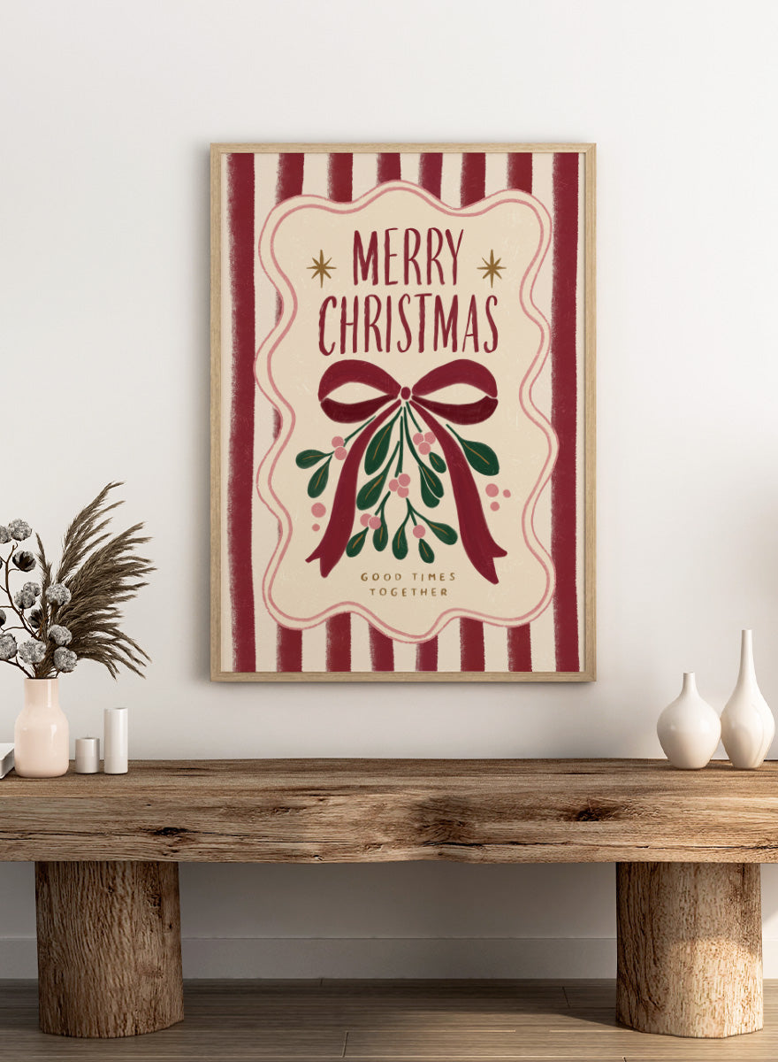 Shop Merry Christmas Mistletoe by Katarzyna Gąsiorowska, a Christmas wall art print poster featuring mistletoe, a red bow, festive stripes, and vintage holiday typography.
