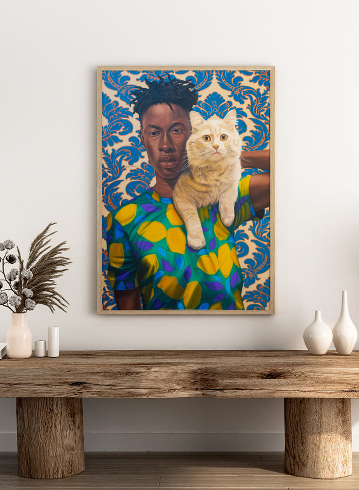A stylized portrait artwork of a person holding a white cat, set against a blue and beige damask pattern background. Shop Man and Cat Portrait by Nigerian artist Damilare Jamiu, a contemporary portrait art print with a cream cat, bold fashion, and rich green and blue tones.