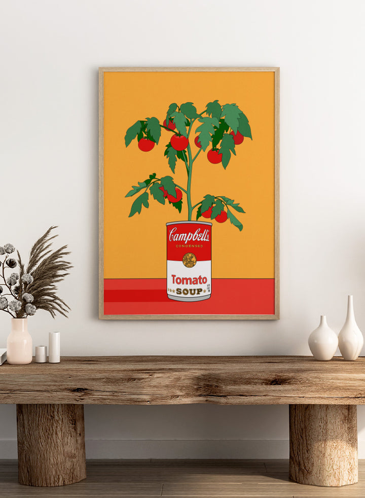A stylized pop-art illustration of a tomato plant growing out of a Campbell&
