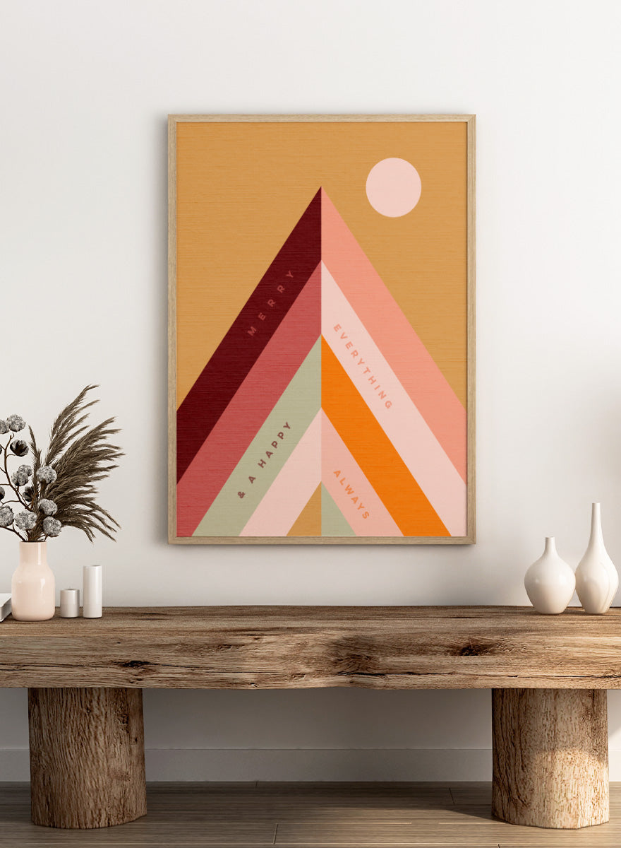 Shop Merry Everything Mountains by Dominique Vari, a retro holiday wall art print poster featuring colorful geometric mountains, cheerful typography, and warm festive tones.