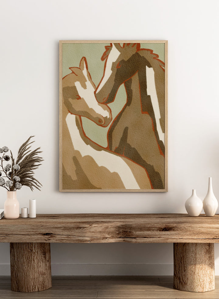 Shop Horse Love by Nikita Jariwala, a modern horse wall art print featuring two horses in a close affectionate pose, with warm beige, cream, and rust tones.